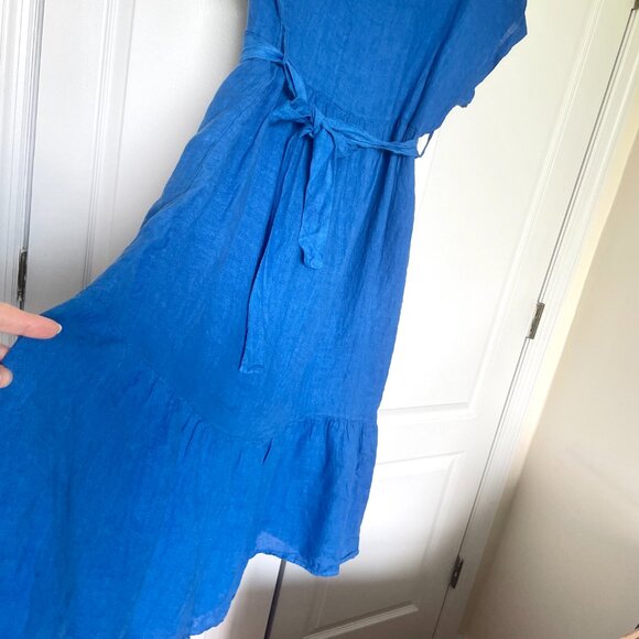 Blue 100% linen Made in Italy tiered midi dress - Picture 4 of 5